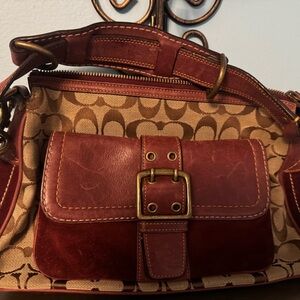 Vintage 2004 Coach Signature Canvas and Red Suede Leather Shoulder Bag
